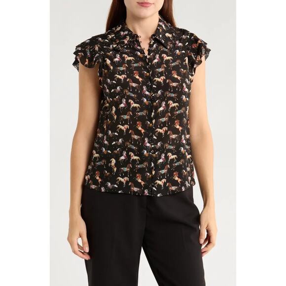 ALICE + OLIVIA Martel Flutter Sleeve Silk Button-Up Top - Picture 1 of 6